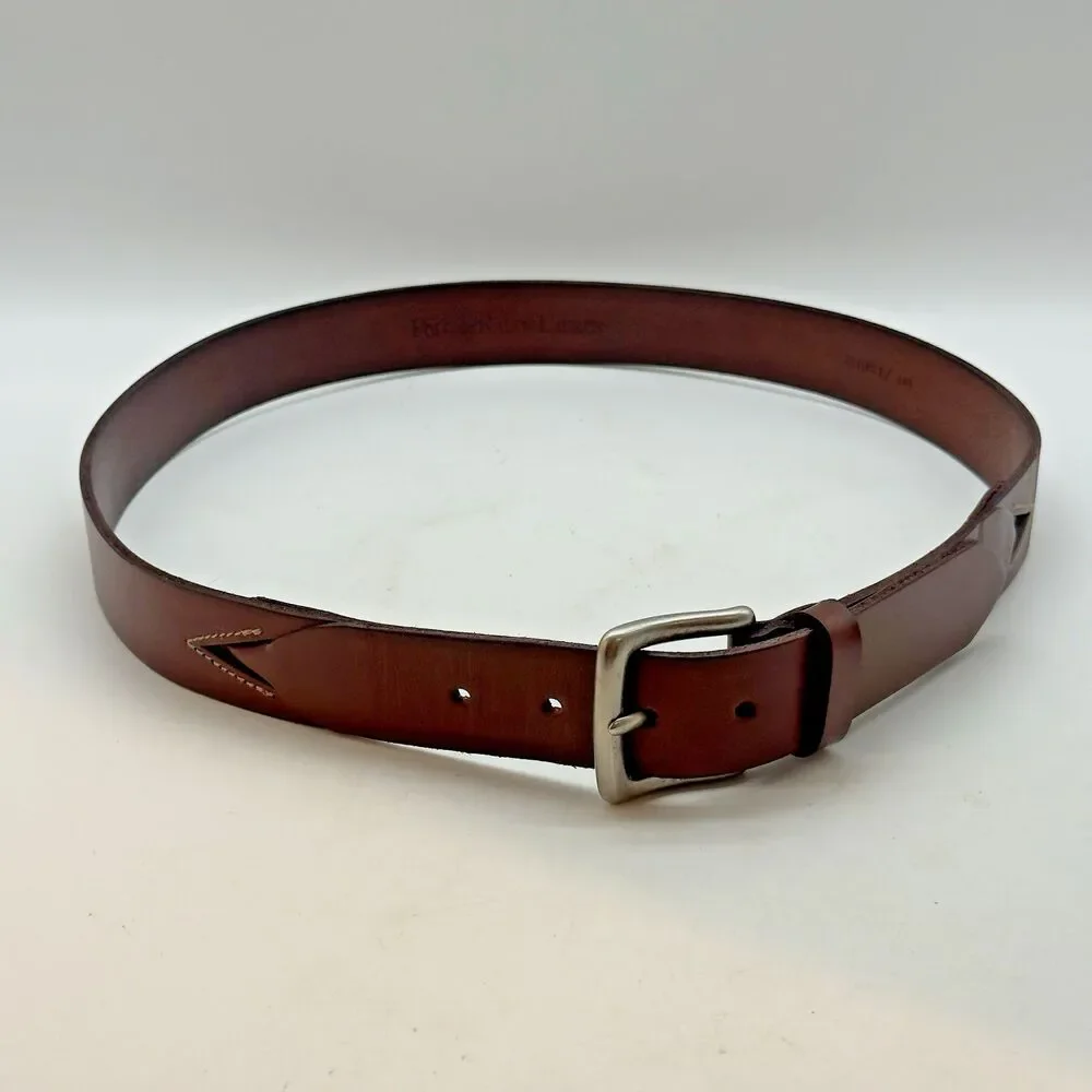 Polo Ralph Lauren Brown Leather Belt Men's 38 Solid Brass Silver Plated Buckle
